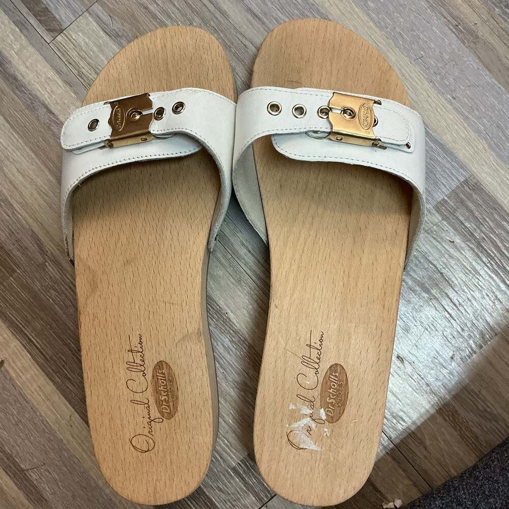 Dr. Scholl's Original Collection White Leather Wood Slide Sandals